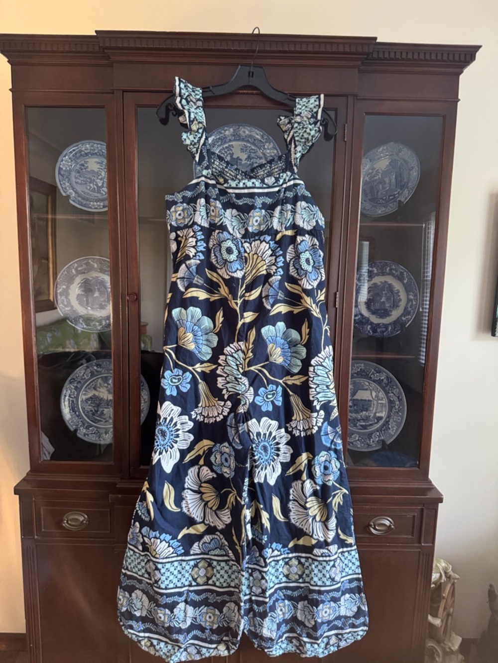 FREE PEOPLE Navy Blue Floral Maxi romper with Ruffle Straps